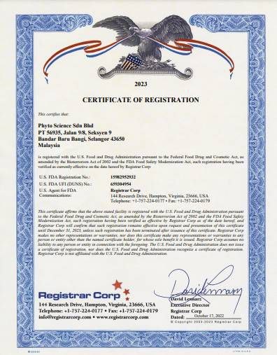 US FDA Certificate of Registration